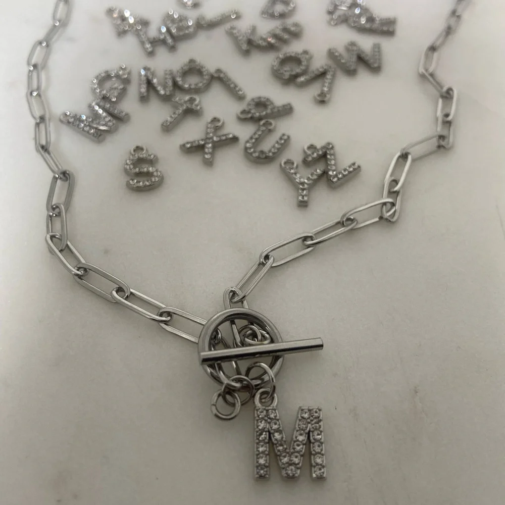 Alphabet Rhinestone Letters Toggle Silver Necklace - Picture 2 of 4